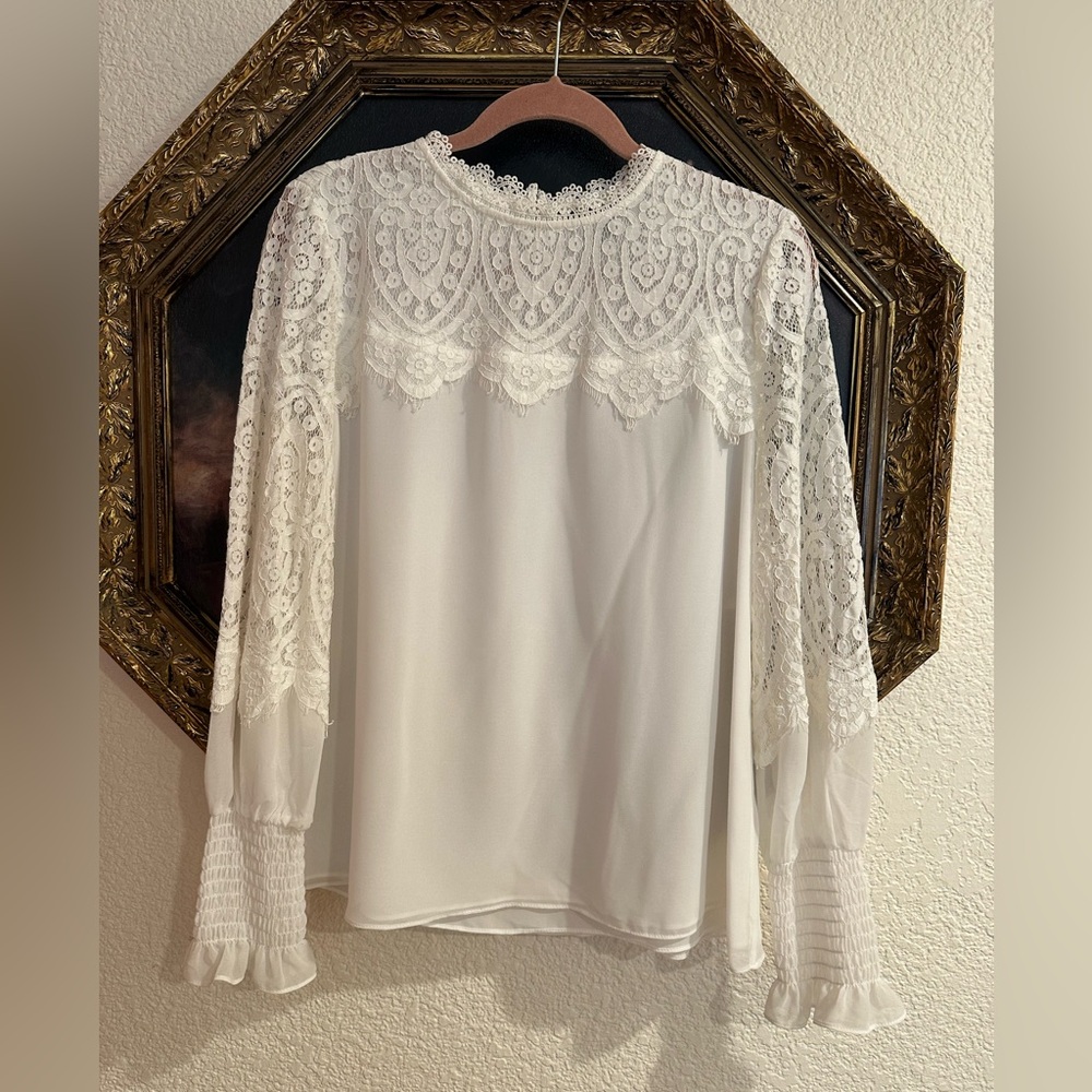 White House Black Market White Lace Yoke Blouse